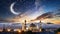 Ramadan Kareem background with crescent, stars and glowing clouds image of mosque between cities