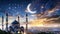 Ramadan Kareem background with crescent, stars and glowing clouds image of mosque between cities