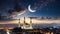 Ramadan Kareem background with crescent, stars and glowing clouds image of mosque between cities