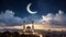 Ramadan Kareem background with crescent, stars and glowing clouds image of mosque between cities