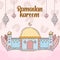 Ramadan kareem background with doodle hand drawn style. vector illustration of mosque and fanoos lantern in pastel color for