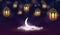 Ramadan Kareem background. Hanging lanterns and crescent in clouds. Muslim feast of the holy month