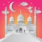 Ramadan kareem background illustration angel, musical trumpet, mosque, moon, star, and clouds. Paper cut. Vector illustration