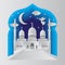 Ramadan kareem background illustration angel, musical trumpet, mosque, moon, star, and clouds. Paper cut. Vector illustration