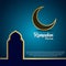Ramadan kareem background, illustration with mosque dome and golden ornate crescent, on blue background