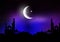 Ramadan Kareem background with silhouettes of mosques against night sky with moon