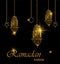 Ramadan Kareem bright greeting card. Traditional golden Arabic lanterns