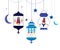 Ramadan Kareem with colorful Lamps, Crescents and Stars. Traditional lantern of Ramadan vector background