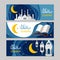 Ramadan Kareem, Eid Mubarak, Eid al Fitr banners with moon, stars, mosque and lettering. Islamic greeting card, banner, poster,