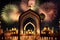 ramadan kareem eid mubarak lamp with mosque holy gate with fireworks