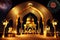 ramadan kareem eid mubarak lamp with mosque holy gate with fireworks