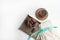 Ramadan Kareem Festival, Dates on wooden bowl with cup of black tea and rosary on white  background