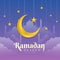 Ramadan kareem - Gold Moon and Star Ramadan hanging on mosque in cloud purple background vector design