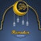 Ramadan Kareem in Golden Arabic Calligraphy with Crescent Moon and Lantern Above The Gate of The Mosque`s Geometry