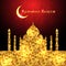 Ramadan Kareem greeting on blurred background with beautiful illuminated arabic lamp Vector illustration.