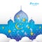 Ramadan Kareem Greeting card. Arabic window Mosque, clouds, gold stars. Paper cut style. Arabesque pattern. Crescent