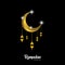 Ramadan kareem greeting card design. with arabic lanterns and golden ornate crescent. on black background