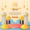 Ramadan kareem greeting card invitation with 3d cute mosque dome with cylinder podium product display stage with arabic