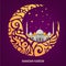 Ramadan Kareem greeting card layout with mosque, minarets, arabic shining lamps, and ornamental decor.