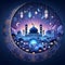 Ramadan Kareem greeting card with mosque, moon and stars. Digital illustration.