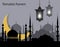 Ramadan Kareem. Greeting card. Stylized drawing of the month and the silhouette of the eastern city. Flashlights. Cut