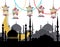 Ramadan Kareem. Greeting card. Stylized drawing of the month, the silhouette of the eastern city and lanterns on the