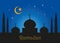 Ramadan kareem greeting illustration with minarets and mosques in silhouette against a night blue sky with stars â€“