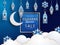 Ramadan Kareem horizontal Sale banner with traditional lanterns, crescent, stars and clouds on dark blue night sky background