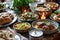 Ramadan kareem Iftar party table with assorted festive traditional Arab dishes