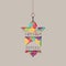 Ramadan Kareem inscription. Greeting card. A lantern in an oriental style hangs on a chain. Cut out of paper on a gray