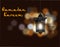 Ramadan Kareem inscription. Three flashlights in oriental style. Against the background of colored lights. illustration