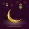 Ramadan Kareem islamic greeting card design with mosque, arabic lantern Fanus and gold crescent moon. Ramadan holiday background.