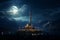 Ramadan Kareem mosque on the lake at night in full moon light Ai generative