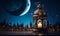 Ramadan Kareem with an ornate lantern illuminating under a crescent moon in a tranquil night sky