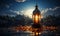 Ramadan Kareem with an ornate lantern illuminating under a crescent moon in a tranquil night sky