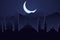 Ramadan Kareem poster. Moon and arabic mosque at night, modern minimalistic vector in flat style. Islam festival, holy event.