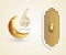 Ramadan kareem ramadan mubarak arabic calligraphy and glowing gold moon with morrocan pattern, crescent and lanterns for greeting