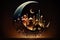 Ramadan kareem and Ramadane mubarak. Shiny Exquisite Crescent Moon With Carved Mosque On Night Background. Generative Ai