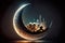 Ramadan kareem and Ramadane mubarak. Shiny Exquisite Crescent Moon With Carved Mosque On Night Background. Generative Ai