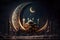 Ramadan kareem and Ramadane mubarak. Shiny Exquisite Crescent Moon With Carved Mosque On Night Background. Generative Ai