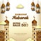 Ramadan kareem sale square banner with 3d luxury golden mosque illustration and lantern fanoos with white background