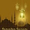 Ramadan Kareem. Stylized drawing of the silhouette of the eastern city. Lanterns are stylized for copper, bronze on a