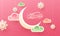 Ramadan Kareem text in arabic language with illustration of crescent moon and hanging flowers decorated on pink islamic seamless