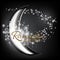 Ramadan kareem vector background. Sparkling stars and silver moon on dark background.