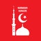 Ramadan Kareem - vector concept illustration sign on red background. Crescent moon, star, mosque, minarets vector illustration.