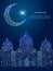 Ramadan. Mosque and moon poly frame on a blue background, abstract design of lines and dots, in the form of a night sky