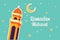 Ramadan Mubarak Greeting Card design with tower mosque, half moon, and star vector Illustration.