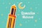 Ramadan Mubarak Greeting Card design with tower mosque, half moon, and star vector Illustration.