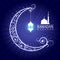 Ramadan mubarak - hanging lamps on moon and masjid on blue background vector design