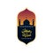 Ramadan mubarak logo badge design. great mosque silhouette with iftar maghrib time sky background  illustration